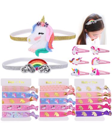 Konsait Set of 23 Unicorn No Crease Hair ties Unicorn Girl Hair Clips Metal Snap Barrettes Rainbow Unicorn Headbands Hair Accessories for Toddlers Kids Little Girls
