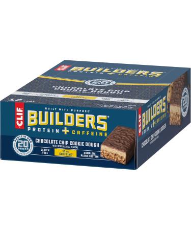 CLIF BUILDERS + Caffeine Protein Bars - Chocolate Chip Cookie Dough Flavor - 20g Plant Based Protein - Gluten Free - Non-GMO - Low Glycemic - No Artificial Sweeteners - 2.4 oz. (12 Pack) Chocolate Chip Cookie Dough 1 Count  - Buy Online on GoSupps.com