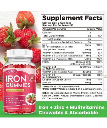 Iron Gummies with Multivitamin Iron Supplement for Women & Men with Zinc Vitamin B Complex & C B12 Folate - Blood Builder & Energy Support for Adults & Kids - Strawberry Flavor Vegan 60 Gummies Strawberry 60 Count (Pac  - Buy Online on GoSupps.com