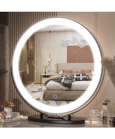 VIEROSE 20 inch Large Vanity Makeup Mirror with Lights, 3 Color Lighting Modes | Round Lighted Up Makeup Mirror with Dimming LED Halo for Dressing Room & Bedroom Tabletop, Touch Control (Black)