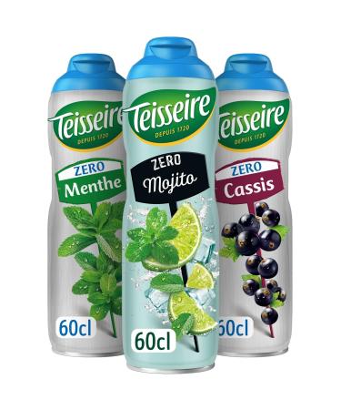 Set of 3 Teisseire Zero Sugar Syrups (Mojito Mint Blackcurrant) for Refreshing Drinks Cocktails Recyclable Bottle 3 x 60 cl