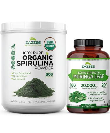 Zazzee Organic Greens Superfood Bundle | USDA Organic Spirulina Powder Plus Super Concentrated Moringa Extract Capsules | Non-GMO Vegan & ISO Lab Tested