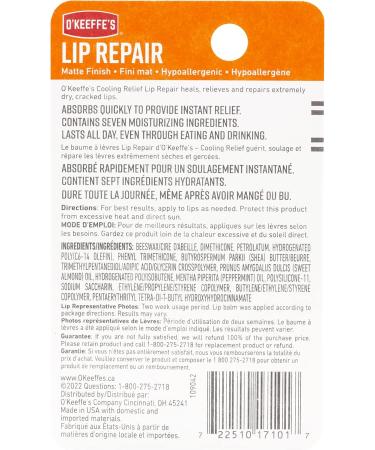 O'Keeffe's Cooling Relief Lip Repair Lip Balm for Dry Cracked Lips Instant Cooling Relief Seven Moisturizing Ingredients Stick (Pack of 1) K1710120 - Buy Online on GoSupps.com