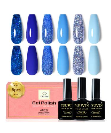 Yueshop 6 Colors Blue Gel Nail Polish Set - Dark Blue Glitter Ocean Silver Sparkle Diamond Gel Nail Polish Soak Off Gel Nail Varnish Manicure Kit For Beauty Gift (6x8ml)