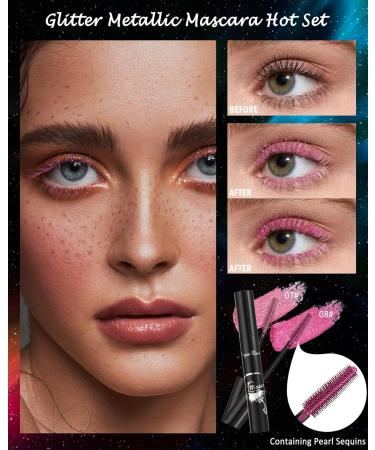 Pink Rose Glitter Metallic Mascara for Eyelashes-2PCS Colored Tubing Mascara Volume and Length Longlasting Waterproof Smudge-Proof Curling Mascara for Women Cosplay Party Stage Use Eye Makeup 07 Pink +08 Rose - Buy Online on GoSupps.com