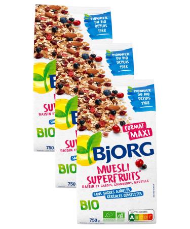 BJORG - Muesli Superfruits Bio - Raisins Cassis Myrtilles Cranberries - Sans Sucres Ajout s - 750 g (Lot de 3) Raisins Cassis Myrtilles Cranberries - 750 g