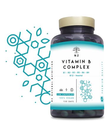 Vitamin B Complex High Strength. Vitamin B12 B9 (folic Acid) B7 (Biotin) B6 B5 B3 B2 B1 Inositol. Improves Mental Performance and Reduces Fatigue. 150 Capsules. Vegan. CE. N2 Natural Nutrition