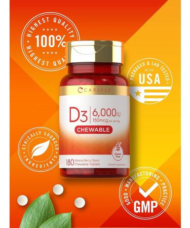 Carlyle Chewable Vitamin D3 6000 IU Tablets | 180 Count | Natural Berry Flavor | Vegetarian Non-GMO & Gluten Free - Buy Online on GoSupps.com
