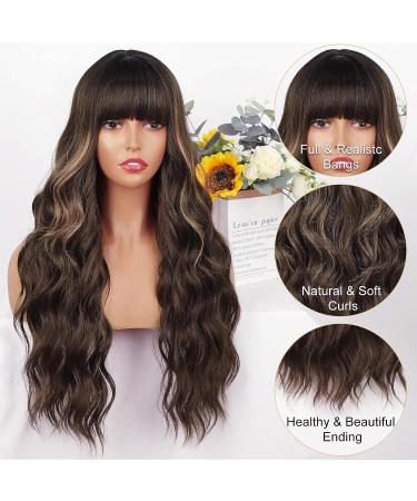 AISI QUEENS Brown Highlight Wig with Bangs - Long Wavy Synthetic Hair for Women | Curly Wavy Style for Daily & Party Wear | Brown Mixed Blonde - Buy Online on GoSupps.com