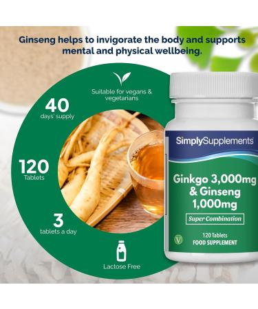 Ginkgo Biloba and Korean Ginseng (Panax) | 120 Tablets | Vegan Friendly | Up to 2 Months of Benefit | SimplySupplements - Buy Online on GoSupps.com