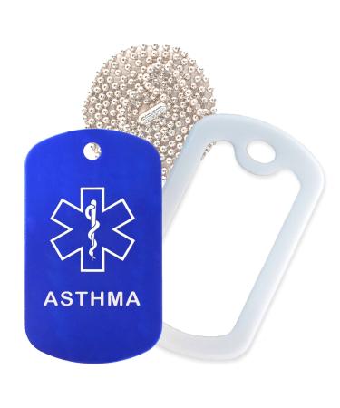Asthma Medical Alert ID Necklace with Blue Tag White Silencer and 30'' USA Chain - 154 Color Choices White Blue