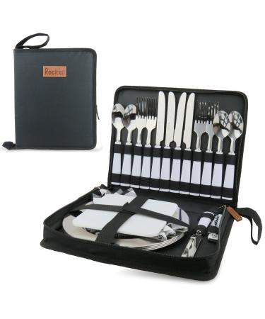 Camping Silverware Set with Case 23 Pcs Camping Mess Kit with Stainless Steel Plates Picnic Set for 4 Travel Silverware Set Camping Utensils for Eating Portable Cutlery Set (4 People Black) 4 People Black - 4