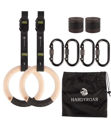 HARDYROAR Wood Gymnastic Rings - Gym Equipment for Crossfit, Body Training, Exercise and Workout - Easy Install Carabiners, Adjustable Number Straps, Non Slip Grip Tape Rings