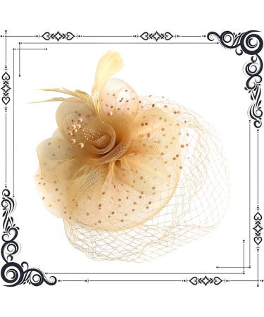 dressfan Fascinator Headband Hat Women's Vintage Headband Wedding Veil Hat Flower Mesh Feather Hair Accessories 1950s Headpiece for Wedding/Cocktail/Jockey Club/Tea Party/Carnival Gold - Buy Online on GoSupps.com
