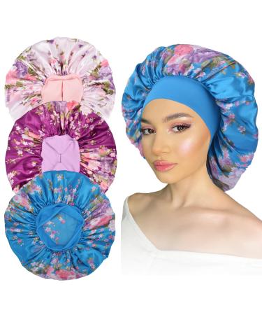 Silk Hair Bonnet 3 Pack Large Satin Bonnets for Black Women Silk Sleeping Cap for Natural Curly Hair (X-Large Purple-Pink-Blue) X-Large Purple-Pink-Blue