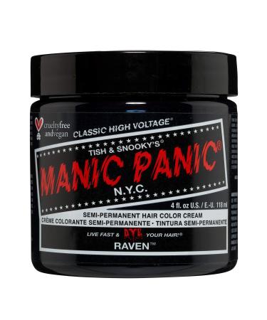 MANIC PANIC Raven Black Hair Dye - Classic High Voltage - Semi Permanent Cool-toned Black Hair Color With A Blue/Green Undertone - Vegan  PPD And Ammonia Free (4oz) Raven 4 Fl Oz (Pack of 1)