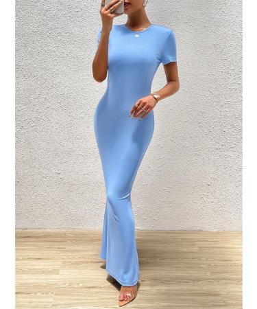 Maxi Dress for Women Short Sleeve Solid Color Round Neck Sexy Soft Elegant Long Bodycon Dresses M Blue - Buy Online on GoSupps.com