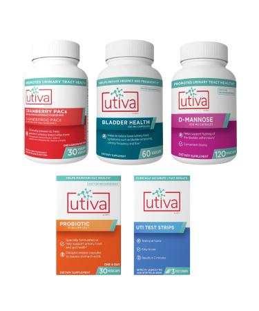 Szio+ 15% Bundle Utiva Cranberry PACs 30 Vegi Capsules + Bladder Health 60 Capsules + D-Mannose 500mg 120 Capsules + Probiotic 30 Delayed Release Vegi Capsules + Utiva UTI Test Strips