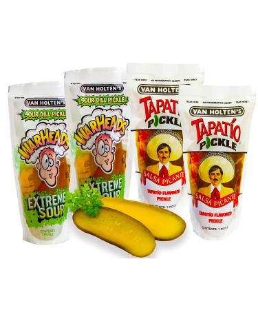 Van Holten Pickle - Sour Cucumbers in Pouch Set with 2x Tapatio Pickle and 2x Warheads (Pack of 4) Sour Pickle Mix