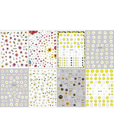 Spring Daisy Sunflower Nail Art Stickers - 3D Self Adhesive Floral Design for Manicure - Cute Smile Face Decals - White Yellow Flower Decoration - Pack of 8 Sheets - Buy Online on GoSupps.com
