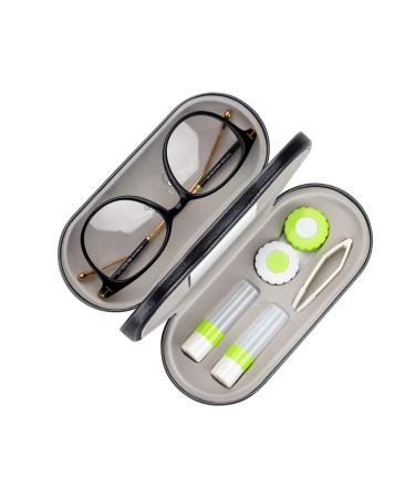 Muf 2 in 1 Double Sided Portable Contact Lens Case and Eyeglasses Case,Dual Use Design with Built-in Mirror,Tweezer and Contact Lens Solution Bottle Included for Travel Kit(Green) Black&Green