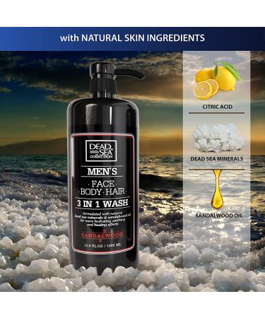 Dead Sea Collection Men's 3-in-1 Body Wash - Sandalwood Scented Shower Gel, Shampoo & Face Wash Combo - 67.6 Fl. Oz (Pack of 2) for Ultimate Freshness and Coolness - Buy Online on GoSupps.com