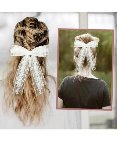 Lace Hair Bows White Hair Bows for Girls Long Tail Ribbons French Bow Clips for 90's Accessories Valentine's Day Women's Daily Wedding and Party Wear - Buy Online on GoSupps.com