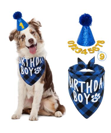 FLYSTAR Dog Birthday Bandana with Hat and Number - Plaid Cute Doggy Bandana for Small Medium Large Dogs Boy- Blue Triangle Scarf Bibis Party Dog Outfits