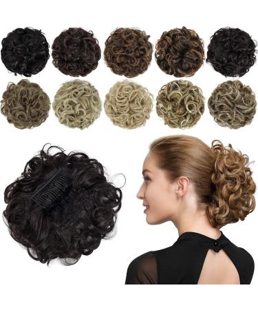 Rose bud Chignon Hairpiece Curly Bun Extensions Scrunchie Updo Hair Pieces Synthetic Combs in Messy Bun Hair Piece for Women 4A# Dark Brown