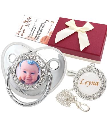 Personalized Pacifier and Pacifier Clip with Name and Photo  Bling Gold Pacifier Clip Set with Gift Box  Glitter Crystal Luxurious Dummy Ideal Gift for Girl Baby Shower Newborn Photography(Silver)