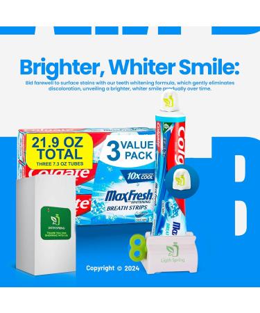 Max Fresh Whitening Toothpaste with Mini Breath Strips - Cool Mint 3 Large Tubes (21.9 oz) + Bonus Gift Set: Toothpaste Squeezer & No-Mess Caps - International Shipping Available - Buy Online on GoSupps.com
