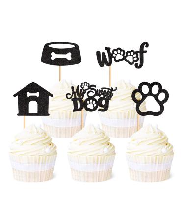 Ercadio 25 Pack Dogs Cupcake Toppers Black Glitter My Sweet Dogs Cupcake Picks Dog Paws Woof Cupcake Picks for Pet Theme Baby Shower Kids Birthday Party Cake Decorations Supplies Pattern-2