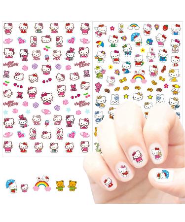 Cute Cartoon Nail Art Stickers 3D Hellokitty Nail Art Decals Self Adhesive Nail Sticker Anime Kawaii Designer Nail Stickers for Girls Kids Women Manicure Tips Decoration (2 Sheets)
