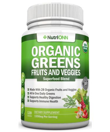 Organic Super Greens Capsules - Fruit And Vegetable Supplements - 120 Count - 28 USDA Organic & Vegan Premium Ingredients - Superfood Blend For Immune Health Digestion & Energy - Whole Food Vitamins