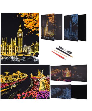 Rainbow Scratch Painting Paper By BOTEEN,City Series Night Scene,Scratch Painting Creative Gift,Scratchboard for Adult and Kids,with 4 Tools,Size:16''x11'' (Dutch Windmill,Big Ben)