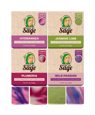 Age of Sage Natural Bar Soap Gift Set for Women - Vegan Bath Handmade Cold Process Artisan Soap with Essential Oil Aromatic All Moisturizing Wash Soaps Fragrant Damsel Scent (4 Pack)