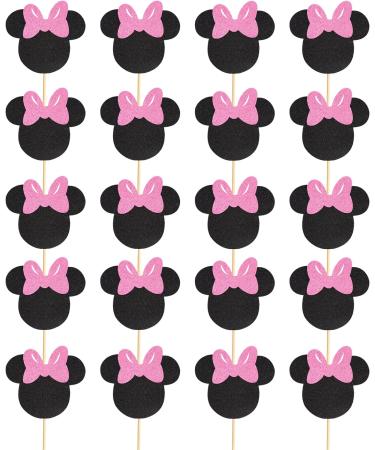 Arthsdite 24Pcs Mouse Inspired Cupcake Toppers with Pink Bow Black Glitter Mouse Cake Decorations for Baby Shower Wedding Kids Birthday Party Cake Decorations Supplies - Black Glitter - Buy Online on GoSupps.com