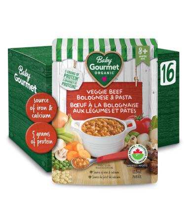 Baby Gourmet Organic Meals - Veggie Beef Bolognese & Pasta - Non-GMO BPA-Free No Added Sugar Or Salt No Fillers Or Thickeners 128ml - 16 Pack