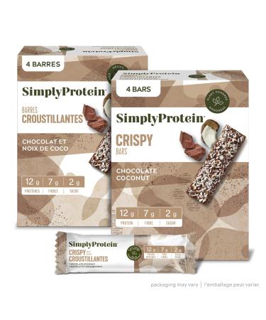 Simply Protein - Chocolate Coconut Crispy Bars - Plant Based Protein Bars - Low Carb Low Sugar High Fibre - 12g Protein 2g Sugar 7g Fibre - Vegan Gluten Free Non GMO Kosher - 4 Bars Chocolate Coconut 4 Count (Pack of 1)