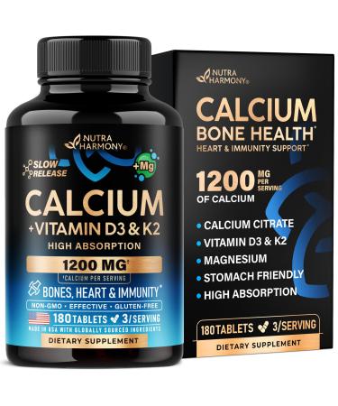 Calcium 1200 mg with Vitamin D3 - Calcium Citrate Supplements for Women & Men - Bone Health Strength & Density - High Absorption & Slow Release - Lab Tested Made in USA - 180 Tablets 60 Days Supply 180 Count (Pack of 1)