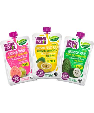 Wanabana 100 Percent Real and Natural Fruit Pulp for Juice Making, 3 Flavor Variety, Soursop, Passion Fruit, Guava, 17.64 Ounce (Pack of 3)