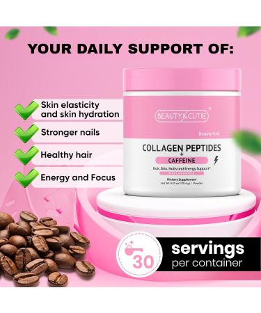 BEAUTY AND CUTIE Collagen Peptides with Caffeine 200 mg Powder Grass Fed for Hair Skin Nails and Energy Support Gluten Free Unflavored 6.01 oz - Buy Online on GoSupps.com