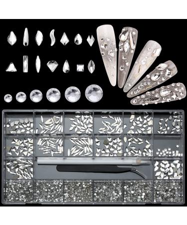Nibiru White Multi Shapes Rhinestones Glass Gemstones Kit for Nail Art Jewels Decoration,Sparkly Flatback Mix Size with Wax Pen(3830PCS) A7 White