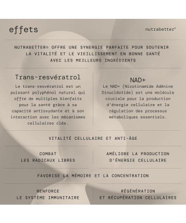 Trans Resveratrol 1000 mg avec NAD+ 50 mg | NAD Resveratrol | Anti- ge Vitalit Cellulaire Bien- tre Cognitif Activateur de Sirtuines | 60 G lules V ganes | nutrabetter  - Buy Online on GoSupps.com