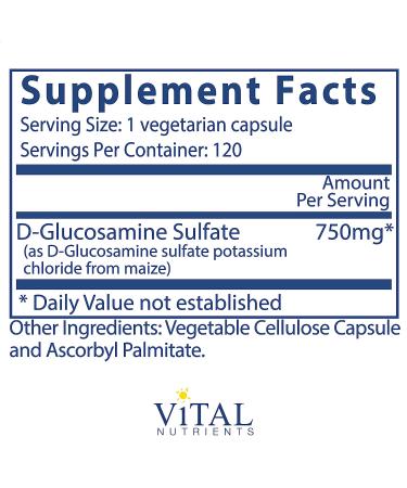 Vital Nutrients Glucosamine Sulfate (Vegetarian) - 120 Capsules - 750mg - Joint & Cartilage Support - Buy Online on GoSupps.com