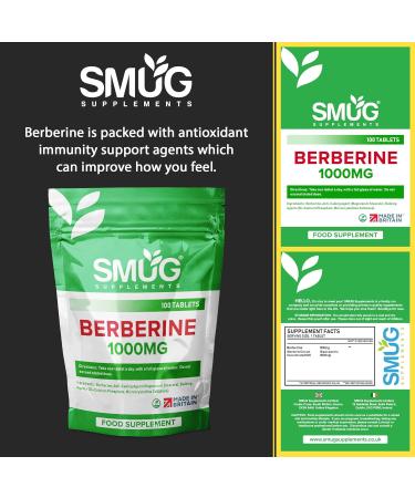 SMUG Supplements Berberine Tablets - 100 High Strength 1000mg Pills - Can Promote Healthy Cholesterol and Gut Health - Vegan Weight Management Aid for Men & Women - Made in Britain - Buy Online on GoSupps.com