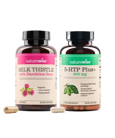 NatureWise 1 Milk Thistle + Dandelion Root - Vegan Non-GMO 60 Capsules 60-Day Supply + 1 5-HTP 200mg + Vitamin B6 - Non-GMO Vegan - 60 Capsules 60-Day Supply