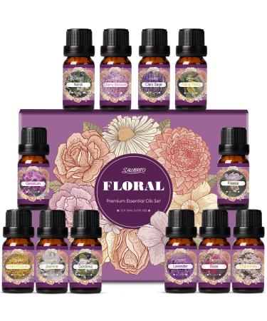 SALUBRITO Floral Essential Oils Gift Set 12 x 10ml Flowers Aromatherapy Fragrance Oils for Diffusers and Home Candle Making - Jasmine Gardenia Rose Lavender Cherry Blossom Freesia and More