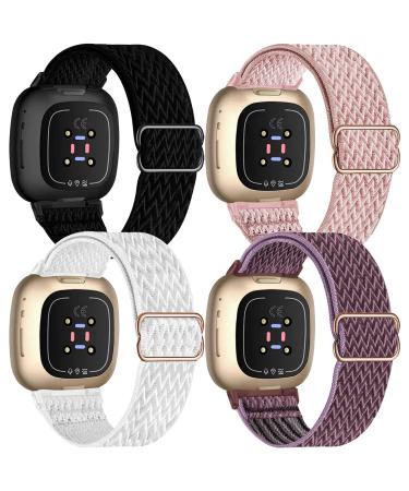 UHKZ 4 Pack Elastic Nylon Bands Compatible with Fitbit Versa 3/Fitbit Sense,Adjustable Stretchy Fabric Sport Band for Fitbit Versa Smart Watch for Women Men,Black/Rose Pink/White/Smokey Mauve For Versa 3/Fitbit Sense Black…
