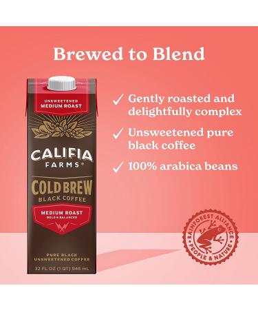 Califia Farms Pure Black Medium Roast Cold Brew Coffee - 32 Oz (Pack of 6) | Plant-Based, Vegan, Gluten-Free, Non-GMO, Sugar-Free - Buy Online on GoSupps.com